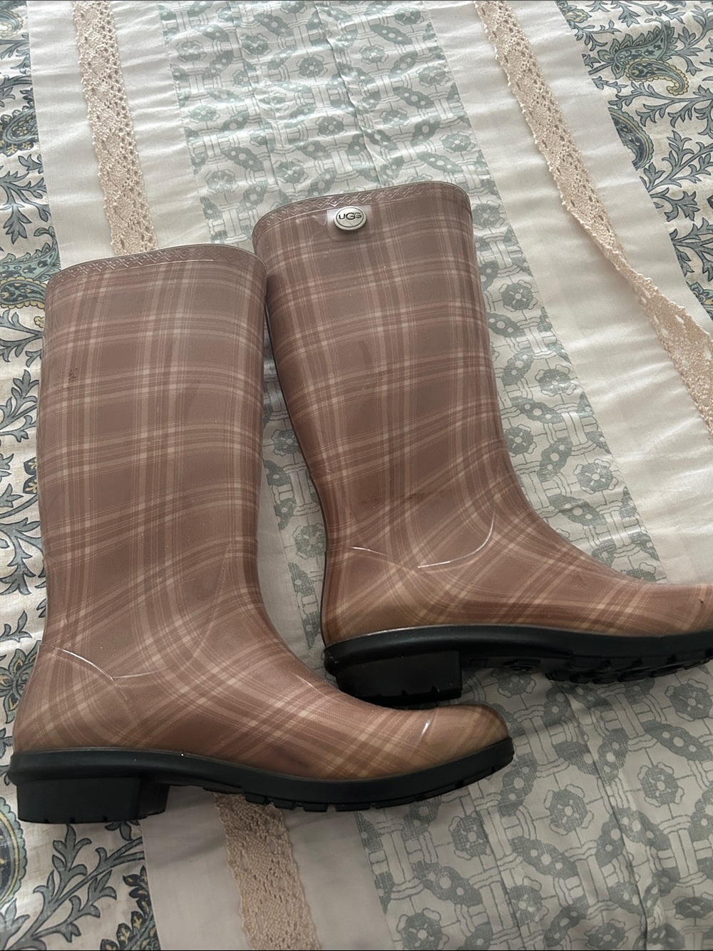 UGG Women's Plaid Rain Boots in Taupe and Black Trim